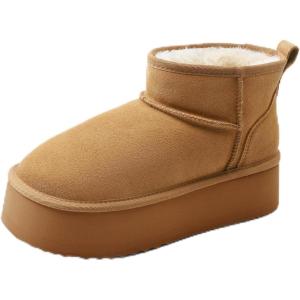 DREAM PAIRS Platform Winter Boots for Women Genuine Suede, Wide Toe Water Slip Resistant Ankle Mini Snow Boots Lined Fur with Lightweigt Memory Foam Insole Outdoor(Chestnut)