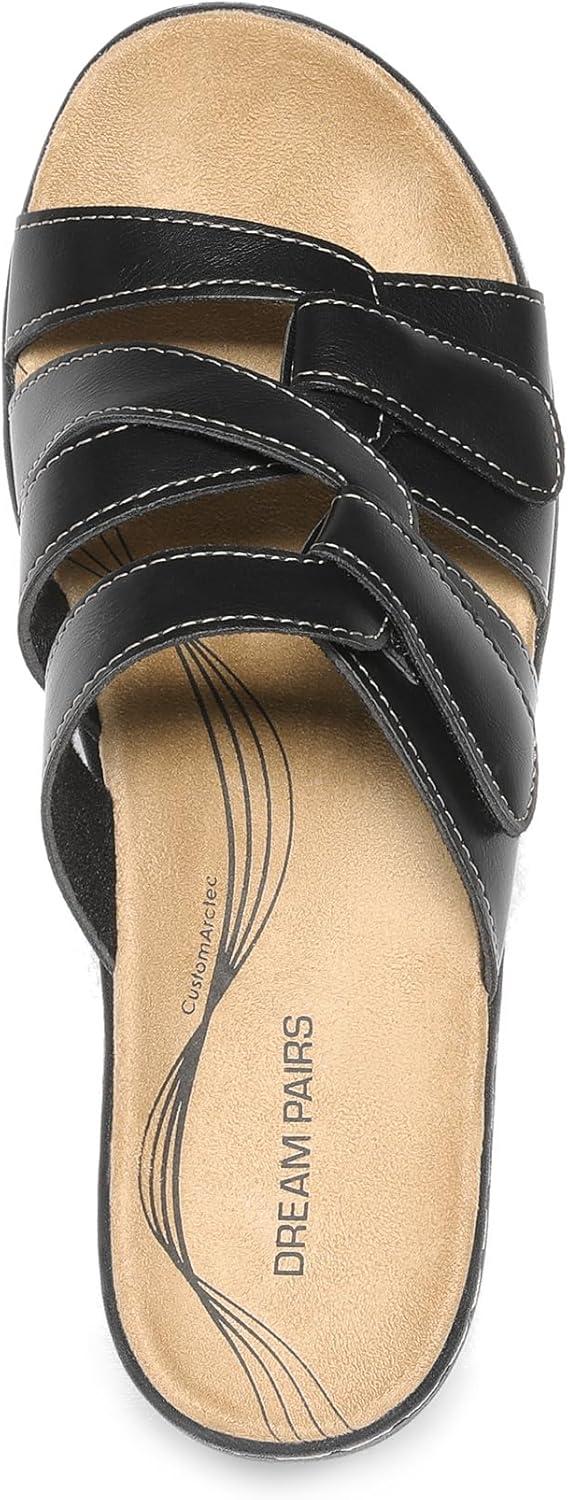 imageDREAM PAIRS Womens Arch Support Slide Sandals Adjustable Straps Slip On Wedge Sandals Casual Comfort Lightweight Flat SlidesBlack