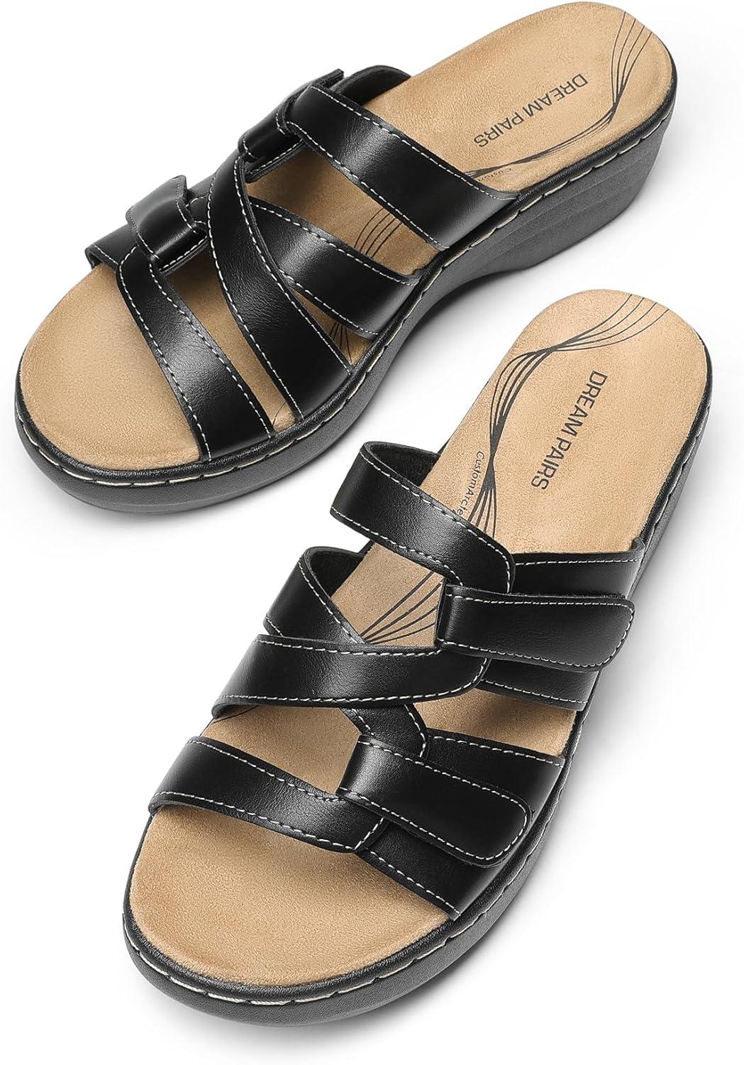 imageDREAM PAIRS Womens Arch Support Slide Sandals Adjustable Straps Slip On Wedge Sandals Casual Comfort Lightweight Flat SlidesBlack