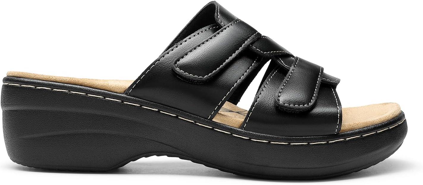 imageDREAM PAIRS Womens Arch Support Slide Sandals Adjustable Straps Slip On Wedge Sandals Casual Comfort Lightweight Flat SlidesBlack