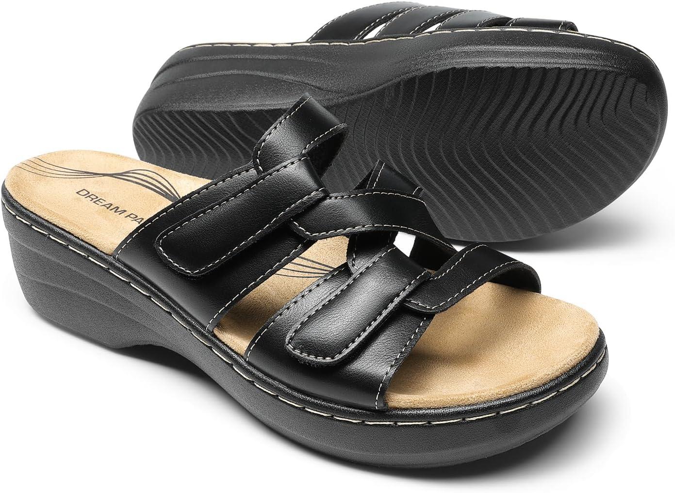 imageDREAM PAIRS Womens Arch Support Slide Sandals Adjustable Straps Slip On Wedge Sandals Casual Comfort Lightweight Flat SlidesBlack