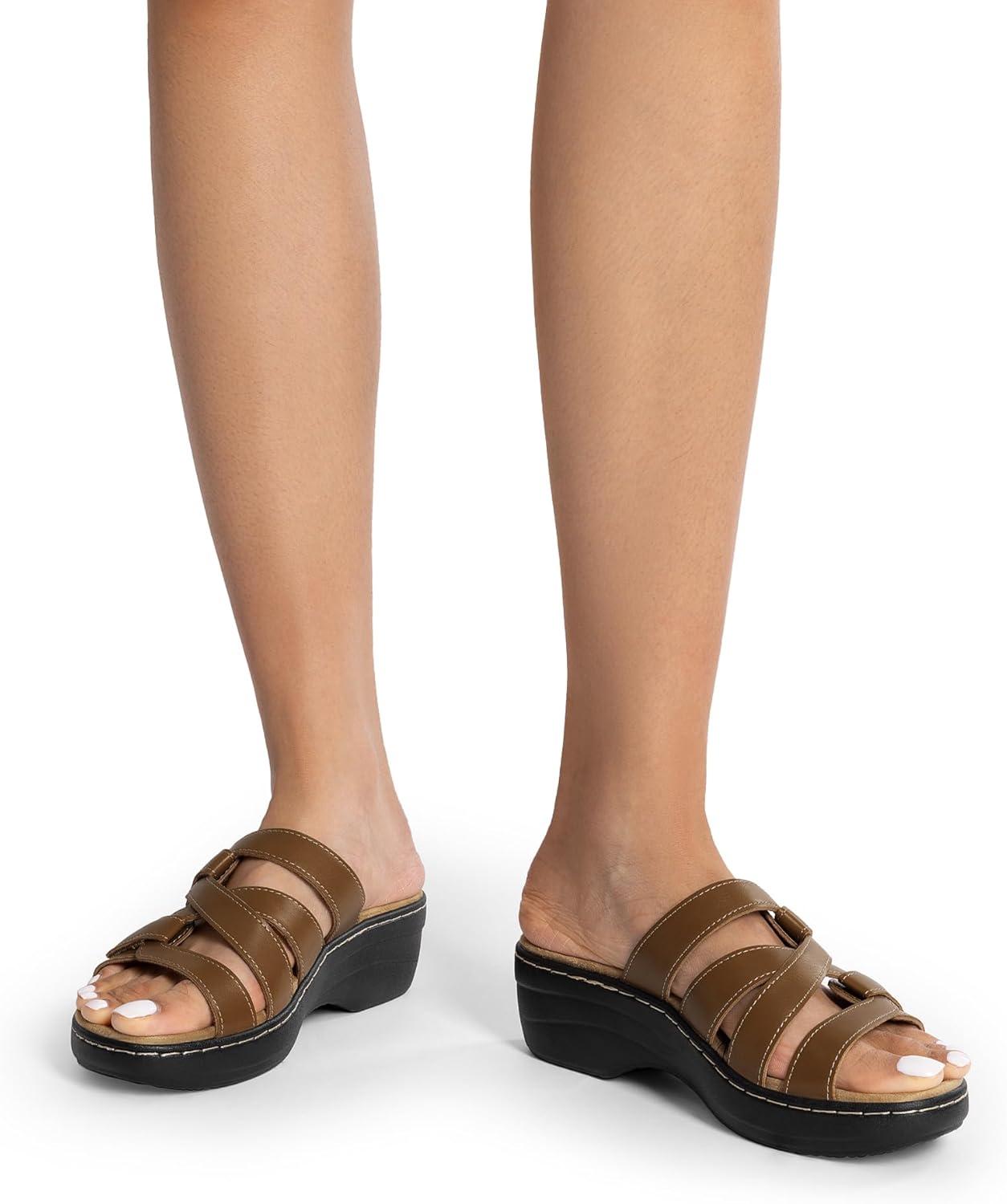 imageDREAM PAIRS Womens Arch Support Slide Sandals Adjustable Straps Slip On Wedge Sandals Casual Comfort Lightweight Flat SlidesBrown