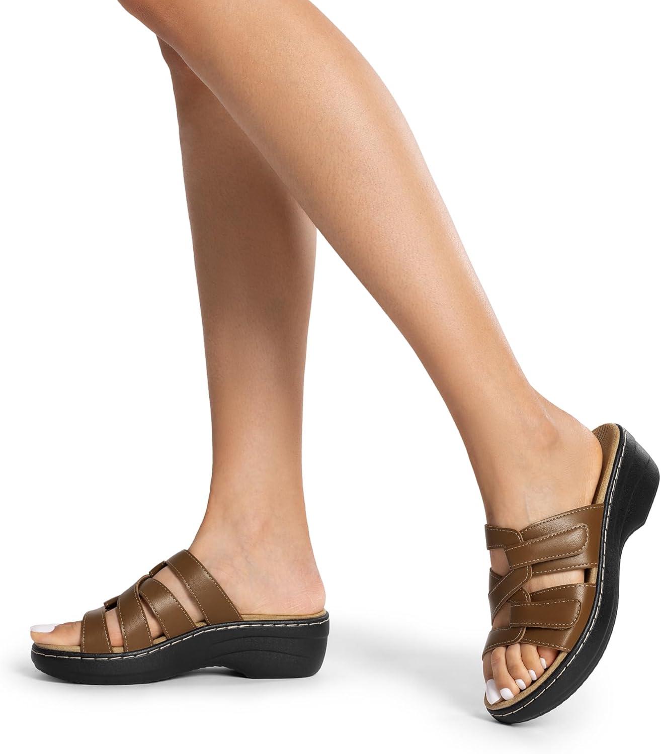 imageDREAM PAIRS Womens Arch Support Slide Sandals Adjustable Straps Slip On Wedge Sandals Casual Comfort Lightweight Flat SlidesBrown