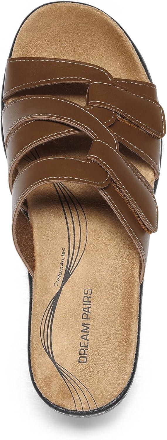 imageDREAM PAIRS Womens Arch Support Slide Sandals Adjustable Straps Slip On Wedge Sandals Casual Comfort Lightweight Flat SlidesBrown