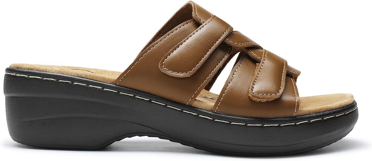 imageDREAM PAIRS Womens Arch Support Slide Sandals Adjustable Straps Slip On Wedge Sandals Casual Comfort Lightweight Flat SlidesBrown