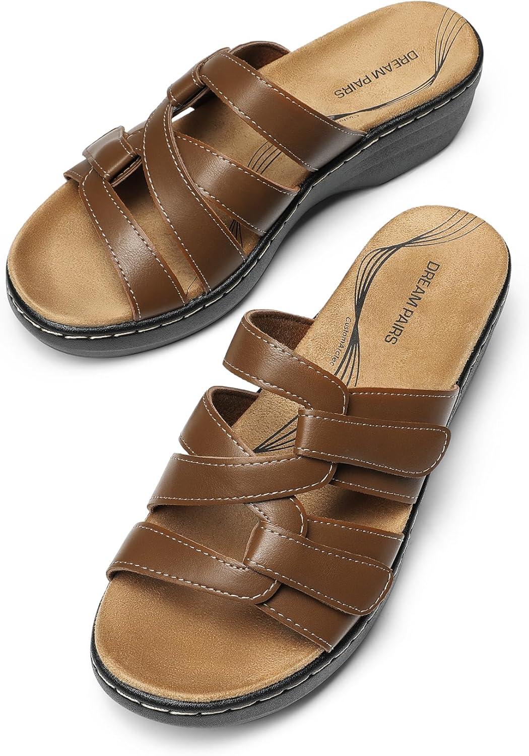 imageDREAM PAIRS Womens Arch Support Slide Sandals Adjustable Straps Slip On Wedge Sandals Casual Comfort Lightweight Flat SlidesBrown