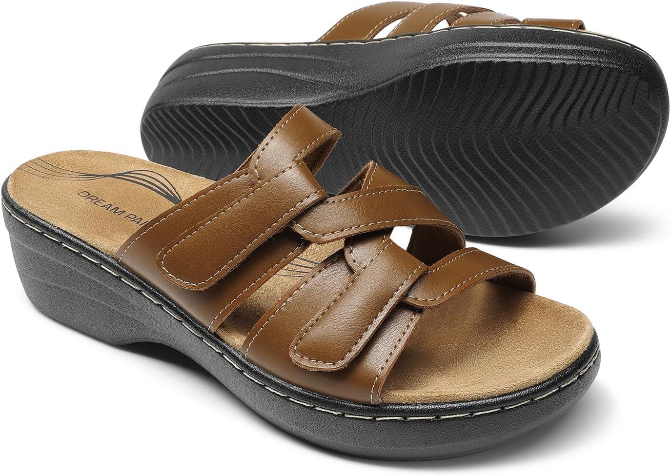 imageDREAM PAIRS Womens Arch Support Slide Sandals Adjustable Straps Slip On Wedge Sandals Casual Comfort Lightweight Flat SlidesBrown
