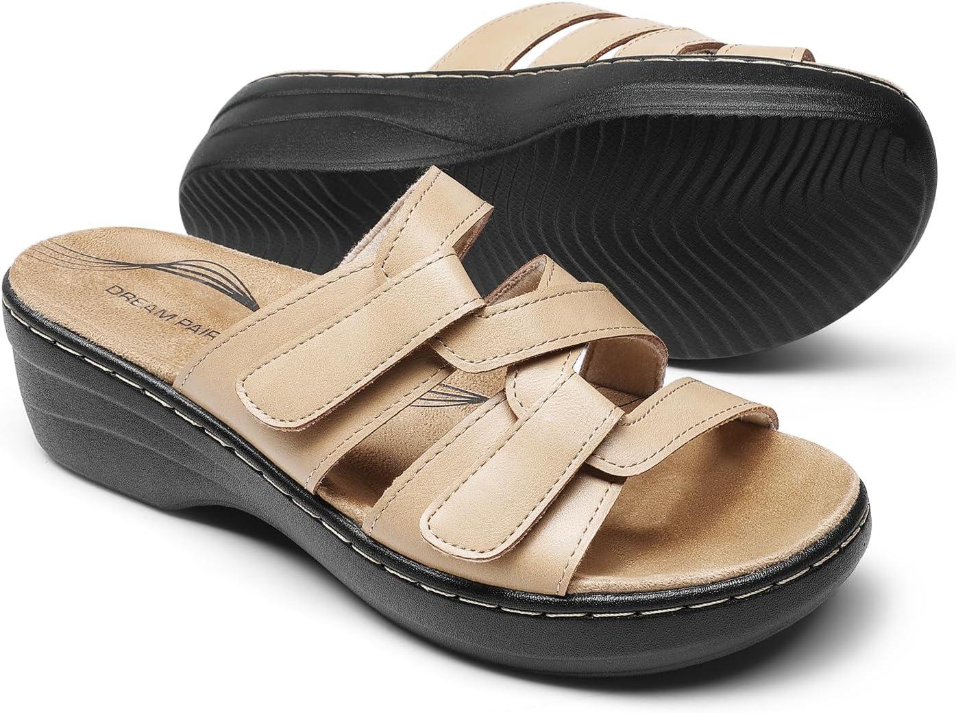 imageDREAM PAIRS Womens Arch Support Slide Sandals Adjustable Straps Slip On Wedge Sandals Casual Comfort Lightweight Flat SlidesNude