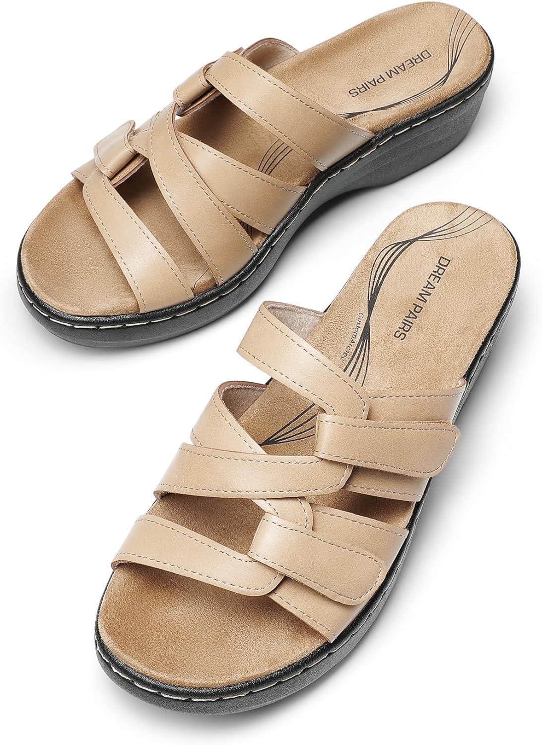 imageDREAM PAIRS Womens Arch Support Slide Sandals Adjustable Straps Slip On Wedge Sandals Casual Comfort Lightweight Flat SlidesNude