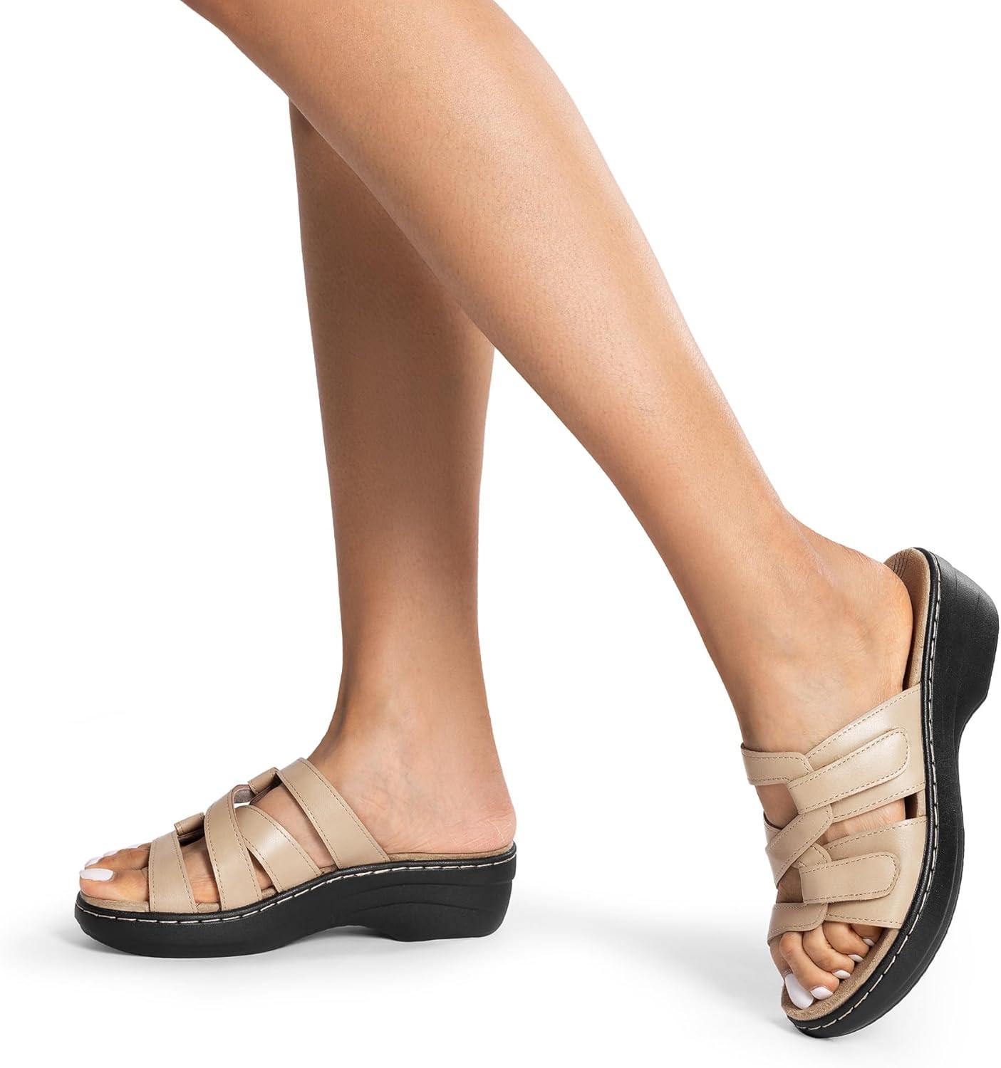 imageDREAM PAIRS Womens Arch Support Slide Sandals Adjustable Straps Slip On Wedge Sandals Casual Comfort Lightweight Flat SlidesNude