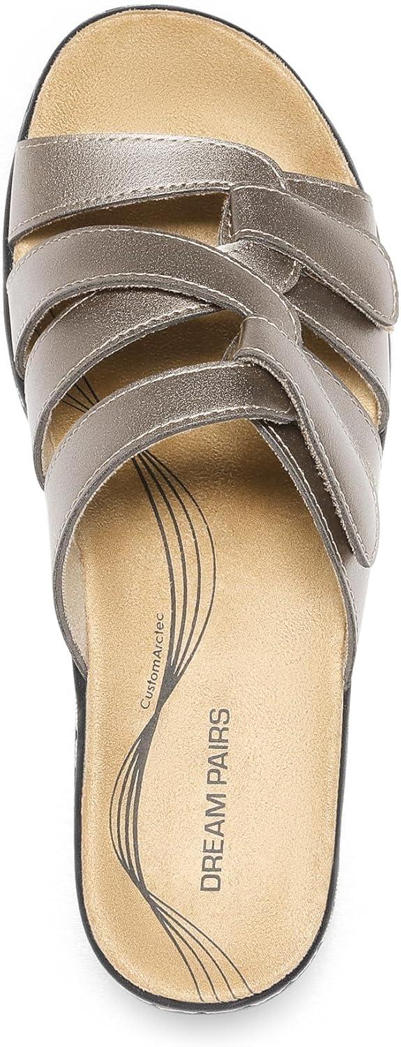 imageDREAM PAIRS Womens Arch Support Slide Sandals Adjustable Straps Slip On Wedge Sandals Casual Comfort Lightweight Flat SlidesPewter