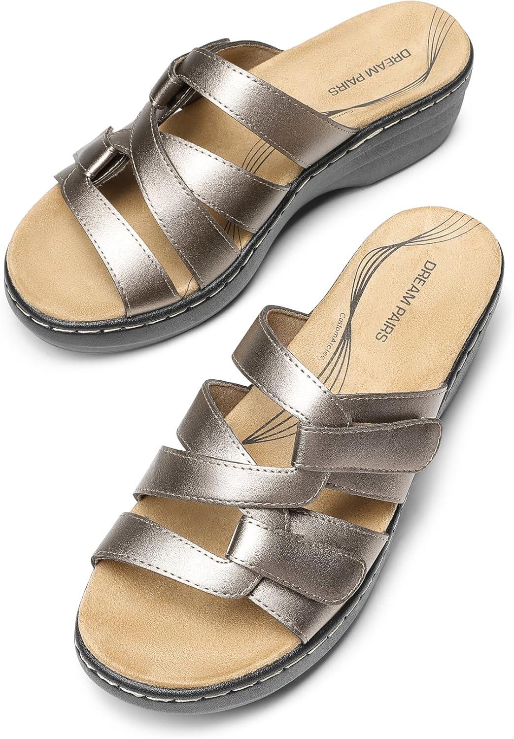 imageDREAM PAIRS Womens Arch Support Slide Sandals Adjustable Straps Slip On Wedge Sandals Casual Comfort Lightweight Flat SlidesPewter