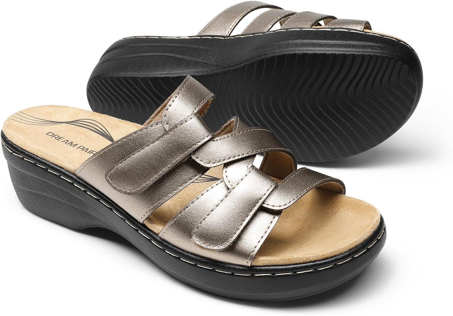 imageDREAM PAIRS Womens Arch Support Slide Sandals Adjustable Straps Slip On Wedge Sandals Casual Comfort Lightweight Flat SlidesPewter