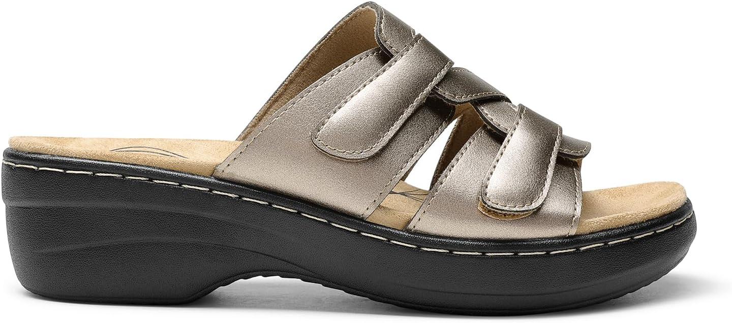 imageDREAM PAIRS Womens Arch Support Slide Sandals Adjustable Straps Slip On Wedge Sandals Casual Comfort Lightweight Flat SlidesPewter