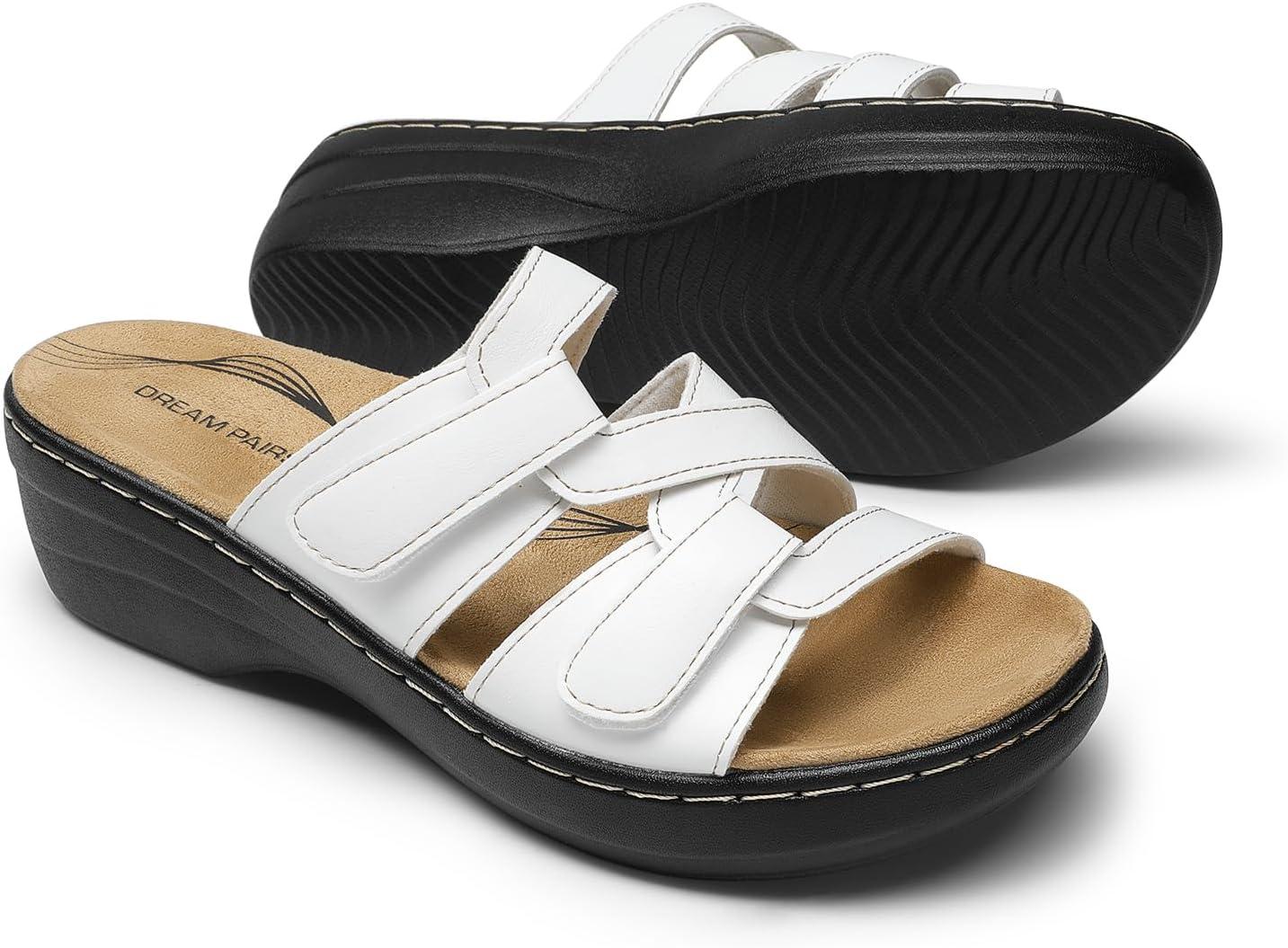 imageDREAM PAIRS Womens Arch Support Slide Sandals Adjustable Straps Slip On Wedge Sandals Casual Comfort Lightweight Flat SlidesWhite
