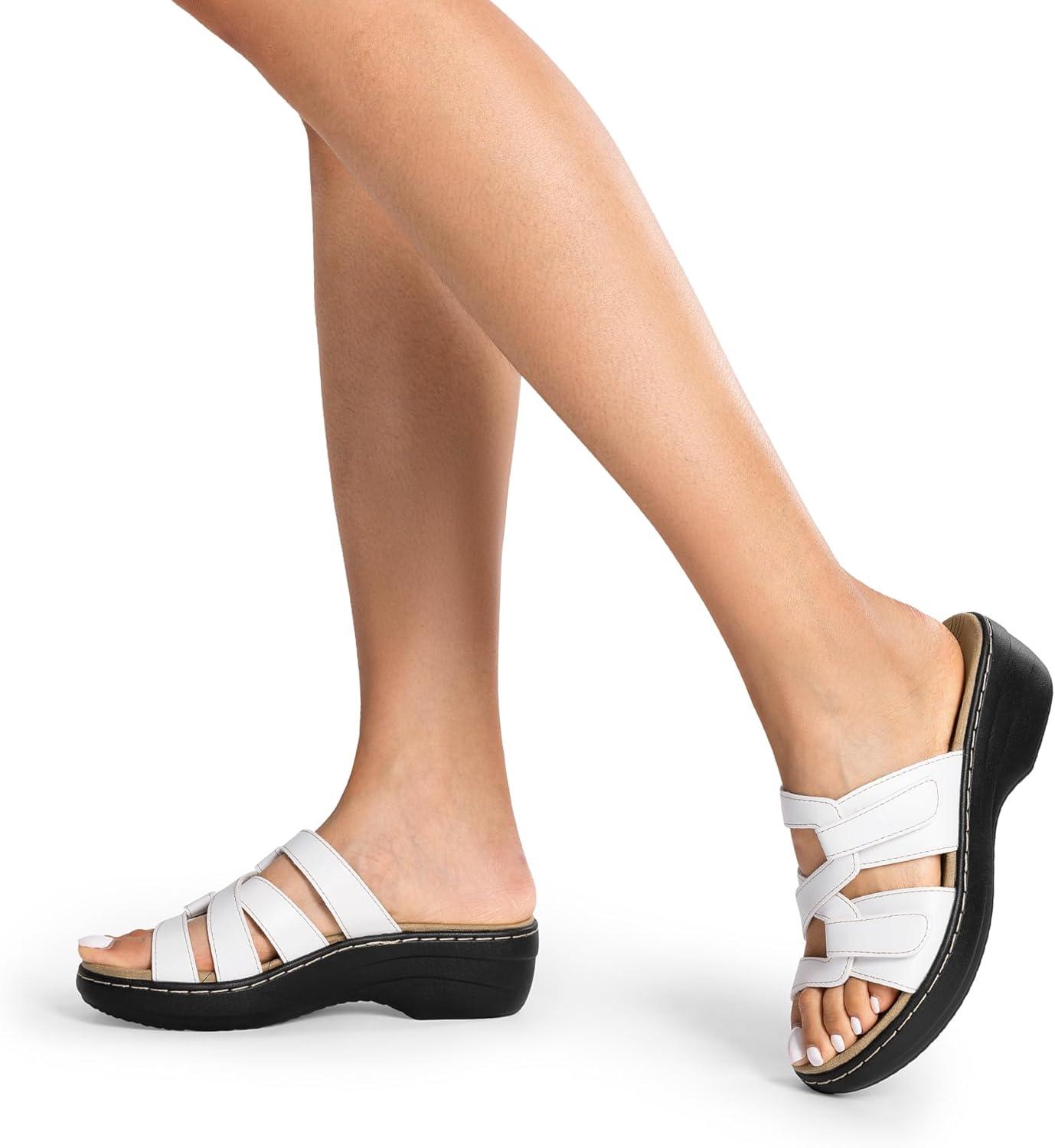 imageDREAM PAIRS Womens Arch Support Slide Sandals Adjustable Straps Slip On Wedge Sandals Casual Comfort Lightweight Flat SlidesWhite