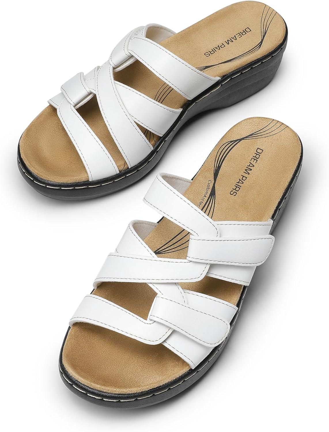 imageDREAM PAIRS Womens Arch Support Slide Sandals Adjustable Straps Slip On Wedge Sandals Casual Comfort Lightweight Flat SlidesWhite