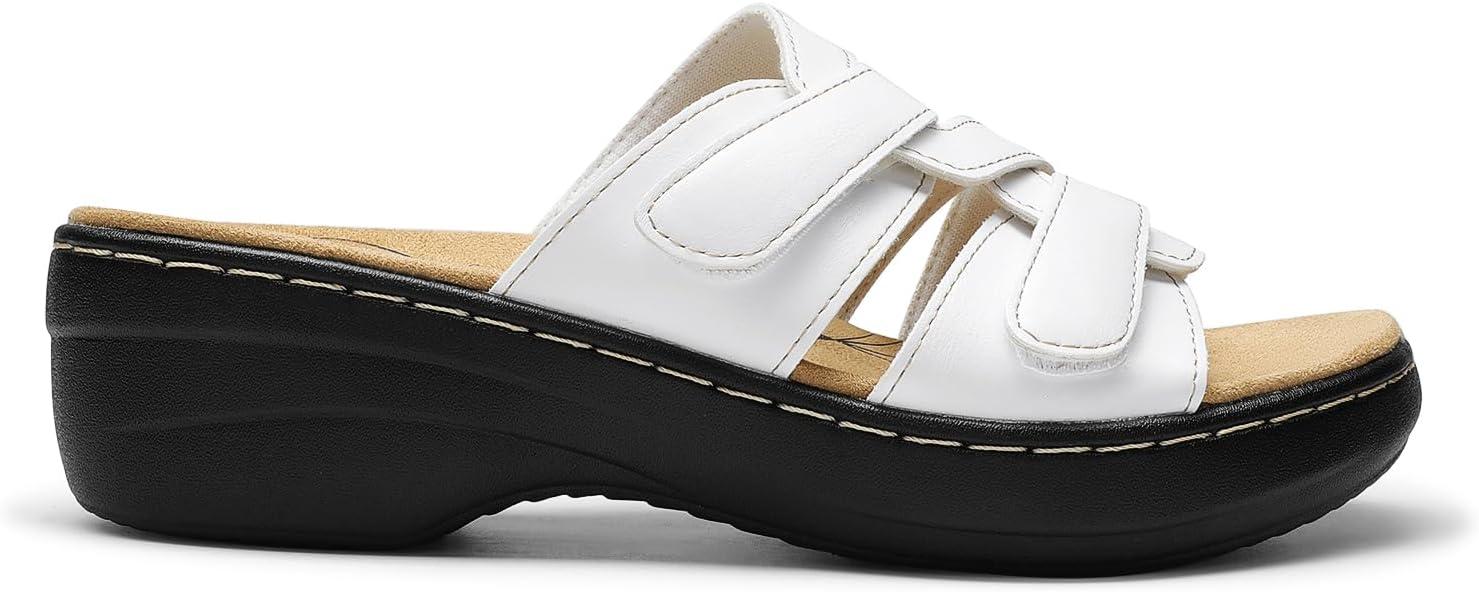 imageDREAM PAIRS Womens Arch Support Slide Sandals Adjustable Straps Slip On Wedge Sandals Casual Comfort Lightweight Flat SlidesWhite