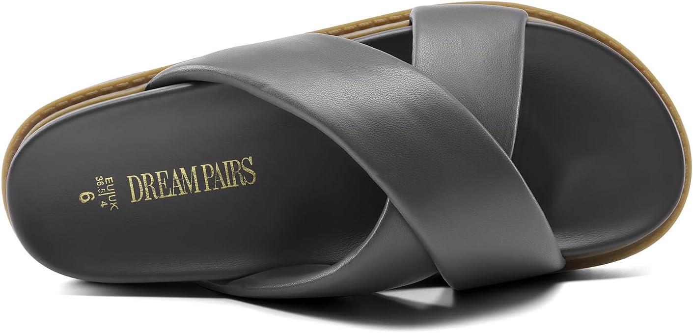 imageDREAM PAIRS Womens Crisscross Open Toe Slide Sandals Flat Comfort Slip on SandalsGreypu