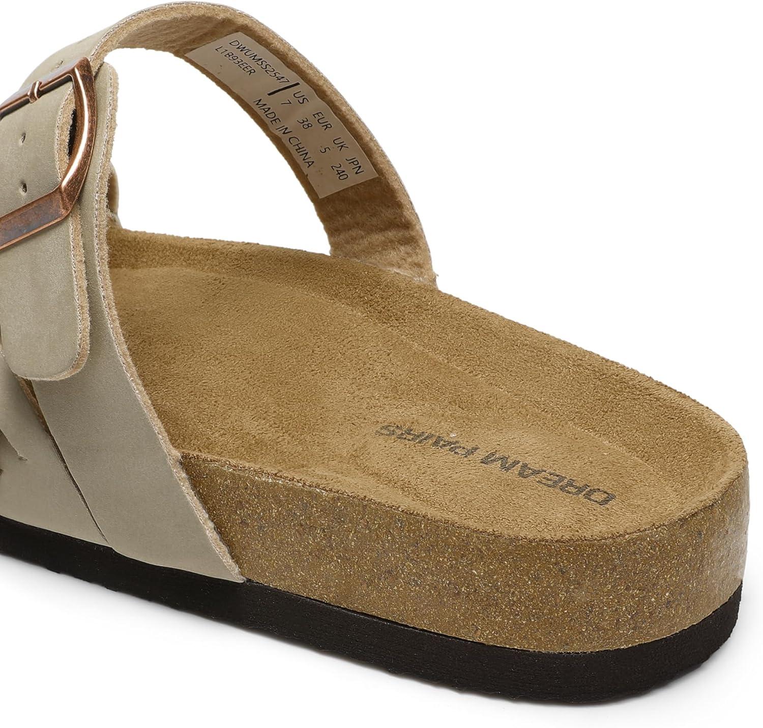 imageDREAM PAIRS Womens Slides Soft Cork Footbed Sandals Comfortable Walking Slipon Flat Sandals Arch Support Adjustable Buckle Braided Straps SlippersBeige