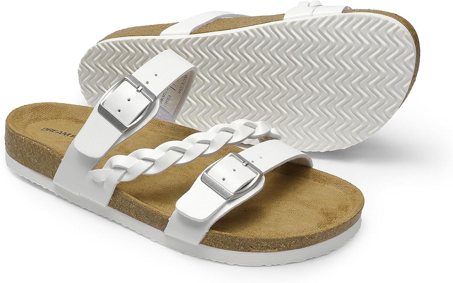 imageDREAM PAIRS Womens Slides Soft Cork Footbed Sandals Comfortable Walking Slipon Flat Sandals Arch Support Adjustable Buckle Braided Straps SlippersWhite