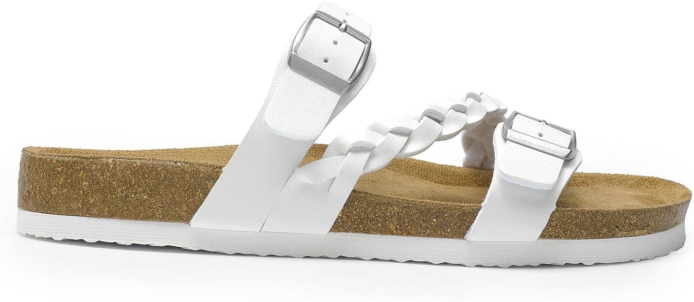 imageDREAM PAIRS Womens Slides Soft Cork Footbed Sandals Comfortable Walking Slipon Flat Sandals Arch Support Adjustable Buckle Braided Straps SlippersWhite