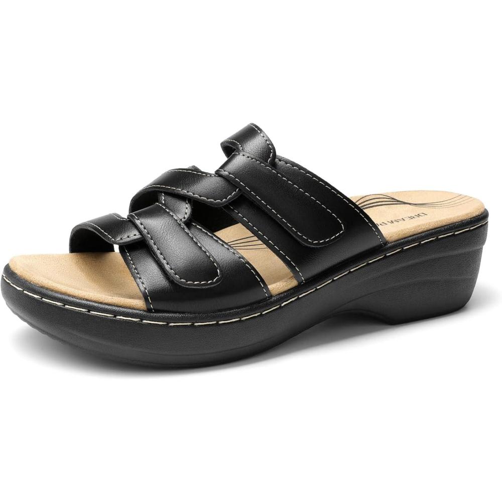 imageDREAM PAIRS Womens Arch Support Slide Sandals Adjustable Straps Slip On Wedge Sandals Casual Comfort Lightweight Flat SlidesBlack