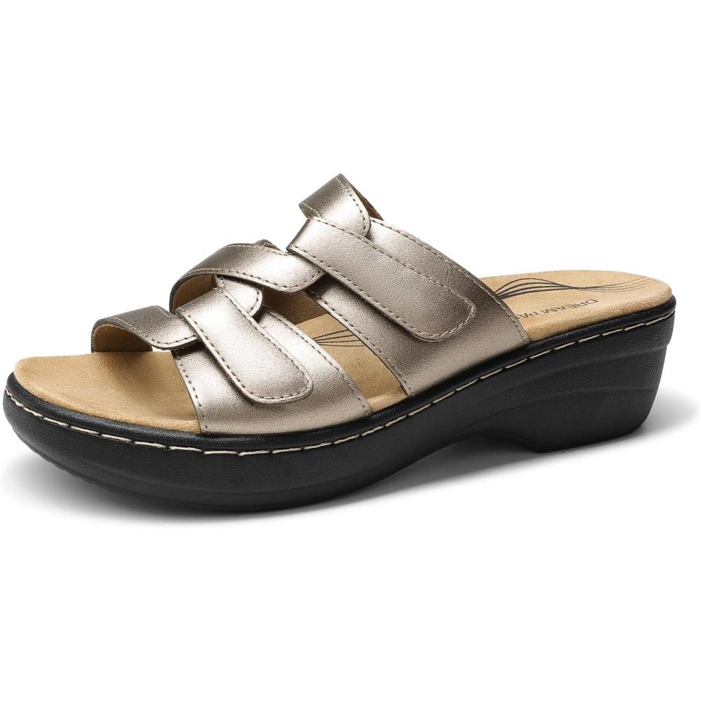 imageDREAM PAIRS Womens Arch Support Slide Sandals Adjustable Straps Slip On Wedge Sandals Casual Comfort Lightweight Flat SlidesPewter