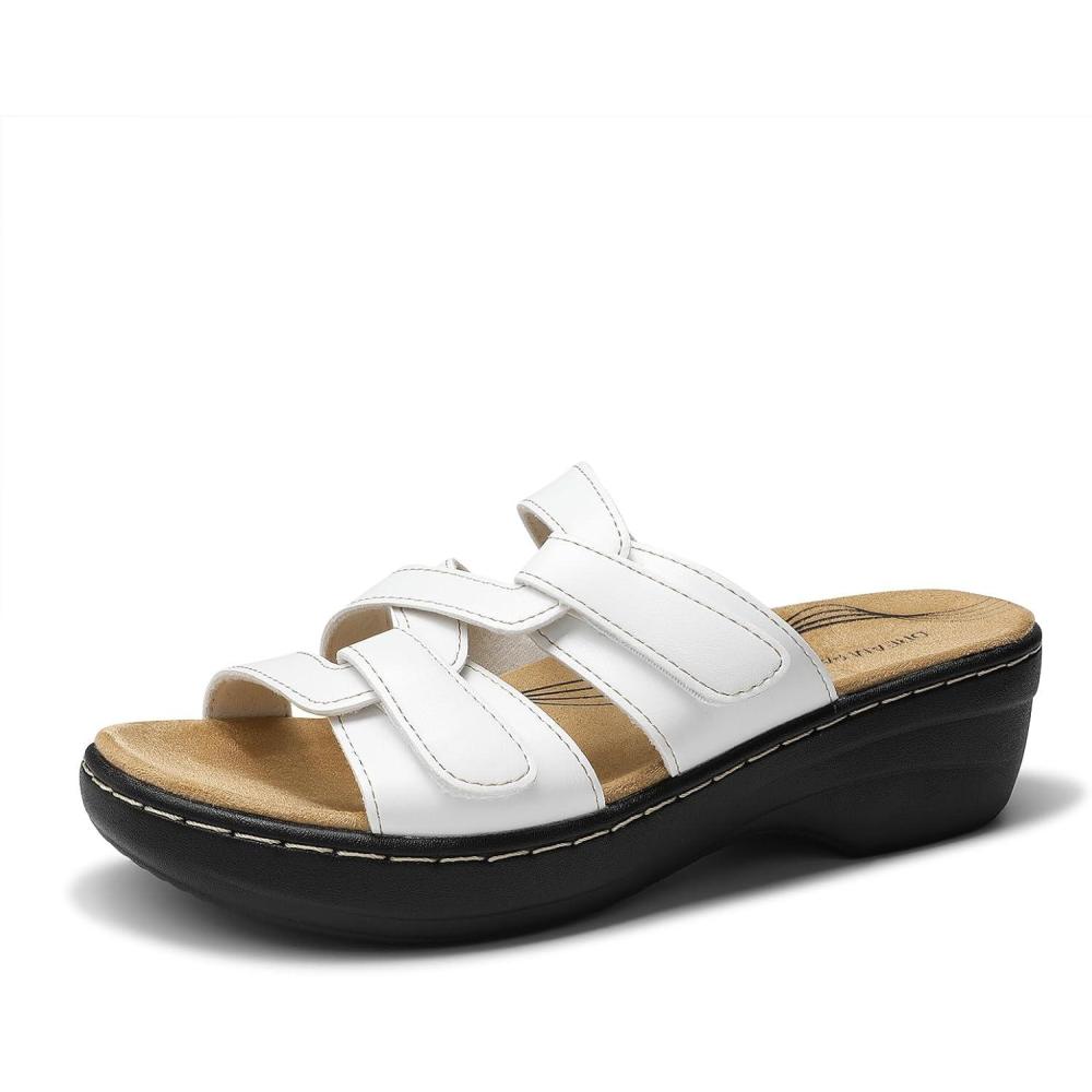 imageDREAM PAIRS Womens Arch Support Slide Sandals Adjustable Straps Slip On Wedge Sandals Casual Comfort Lightweight Flat SlidesWhite