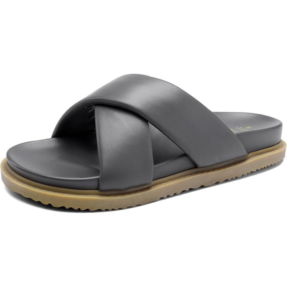 imageDREAM PAIRS Womens Crisscross Open Toe Slide Sandals Flat Comfort Slip on SandalsGreypu