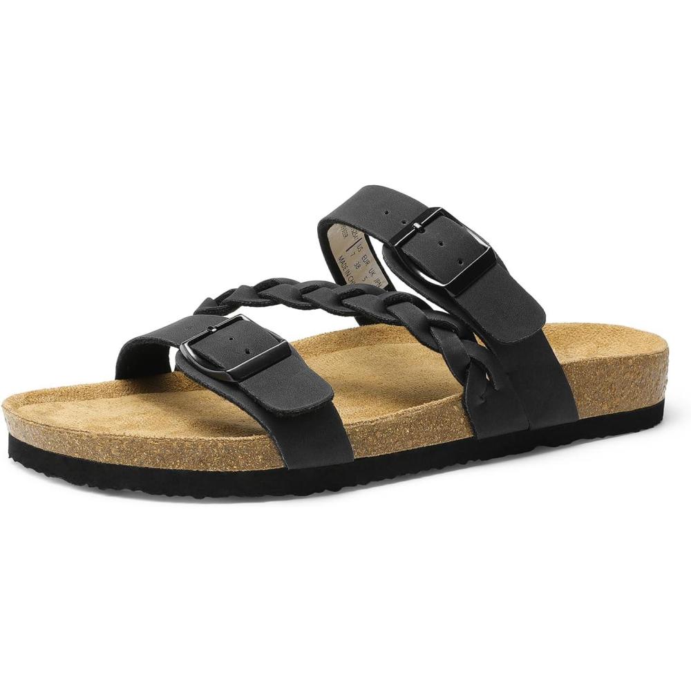 imageDREAM PAIRS Womens Slides Soft Cork Footbed Sandals Comfortable Walking Slipon Flat Sandals Arch Support Adjustable Buckle Braided Straps SlippersBlack