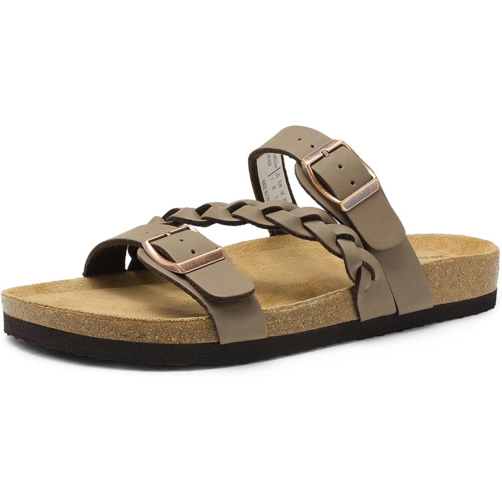 imageDREAM PAIRS Womens Slides Soft Cork Footbed Sandals Comfortable Walking Slipon Flat Sandals Arch Support Adjustable Buckle Braided Straps SlippersBrown