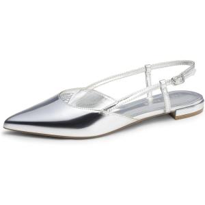 DREAM PAIRS Slingback Flats for Women, Pointed-Toe Elegant Women’s Ballet Flats with Buckle Strap, Classic Low Heel Dress Shoes for Casual Work Office Party(Silver-pat)