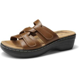DREAM PAIRS Women’s Arch Support Slide Sandals Adjustable Straps Slip On Wedge Sandals Casual Comfort Lightweight Flat Slides(Brown)