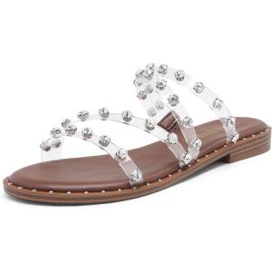 DREAM PAIRS Women’s Clear Studded Rhinestone Slide Sandals Slip on Open Toe Cute Flat Sandals for Summer(Clear/Rhinestone)