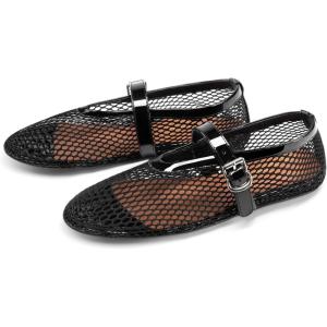 DREAM PAIRS Women’s Mesh Ballet Flats Dressy Round Toe Comfortable Mary Jane Flat Shoes with Buckle Strap(Black)