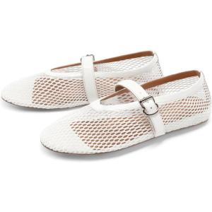 DREAM PAIRS Women’s Mesh Ballet Flats Dressy Round Toe Comfortable Mary Jane Flat Shoes with Buckle Strap(White)