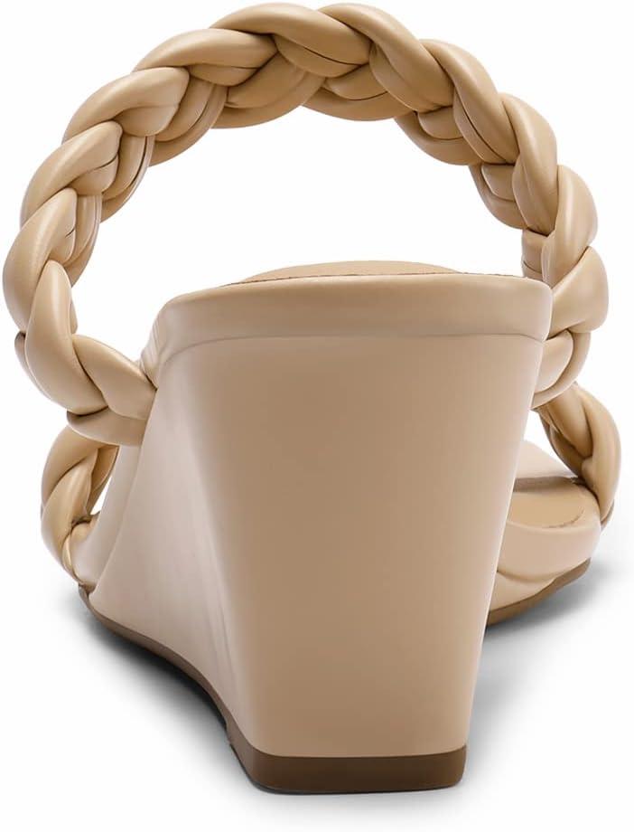 imageDREAM PAIRS Women Slides Wedge Sandals Braided Straps Square Open Toe Dress Casual ShoesNude