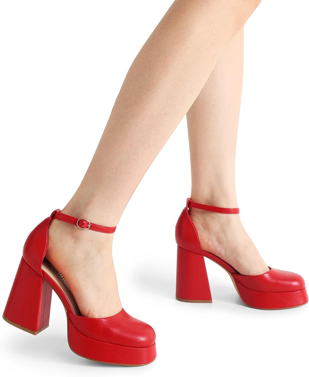 imageDREAM PAIRS Womens Chunky Platform High Heels Closed Toe Block Ankle Strap Dress Wedding Party Pumps ShoesRedpu