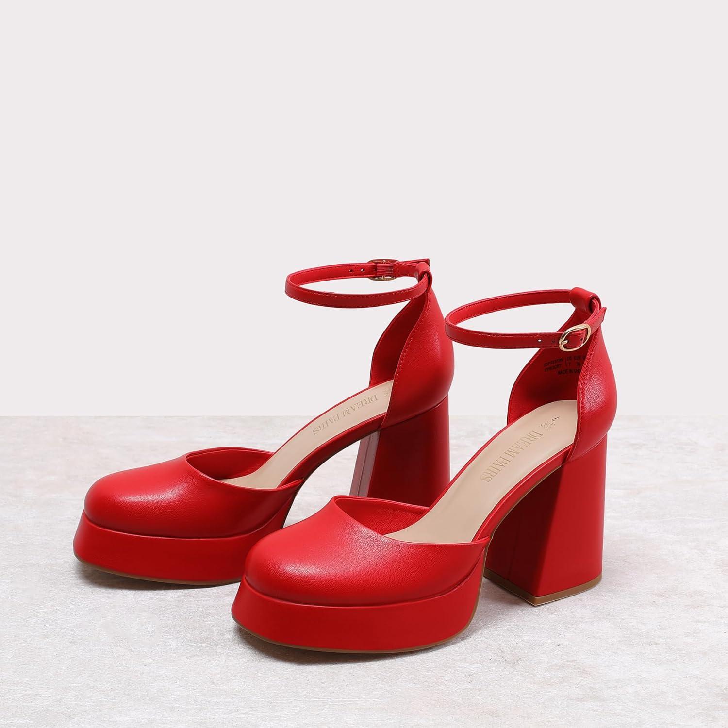 imageDREAM PAIRS Womens Chunky Platform High Heels Closed Toe Block Ankle Strap Dress Wedding Party Pumps ShoesRedpu