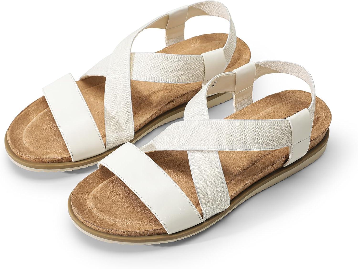 imageDREAM PAIRS Womens Comfortable Low Wedge Sandals Open Toe Slip On Strappy Flat Sandals with Elastic Ankle StrapWhitepu