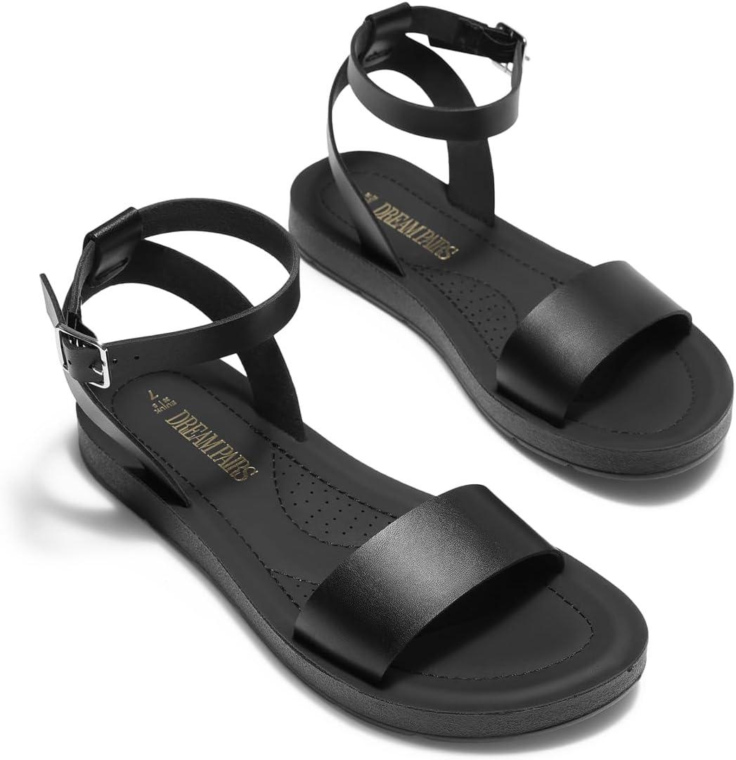 imageDREAM PAIRS Womens One Band Ankle Strap Buckle Flat SandalsAll Blackpu