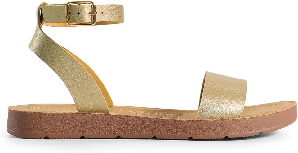 imageDREAM PAIRS Womens One Band Ankle Strap Buckle Flat SandalsGoldPu