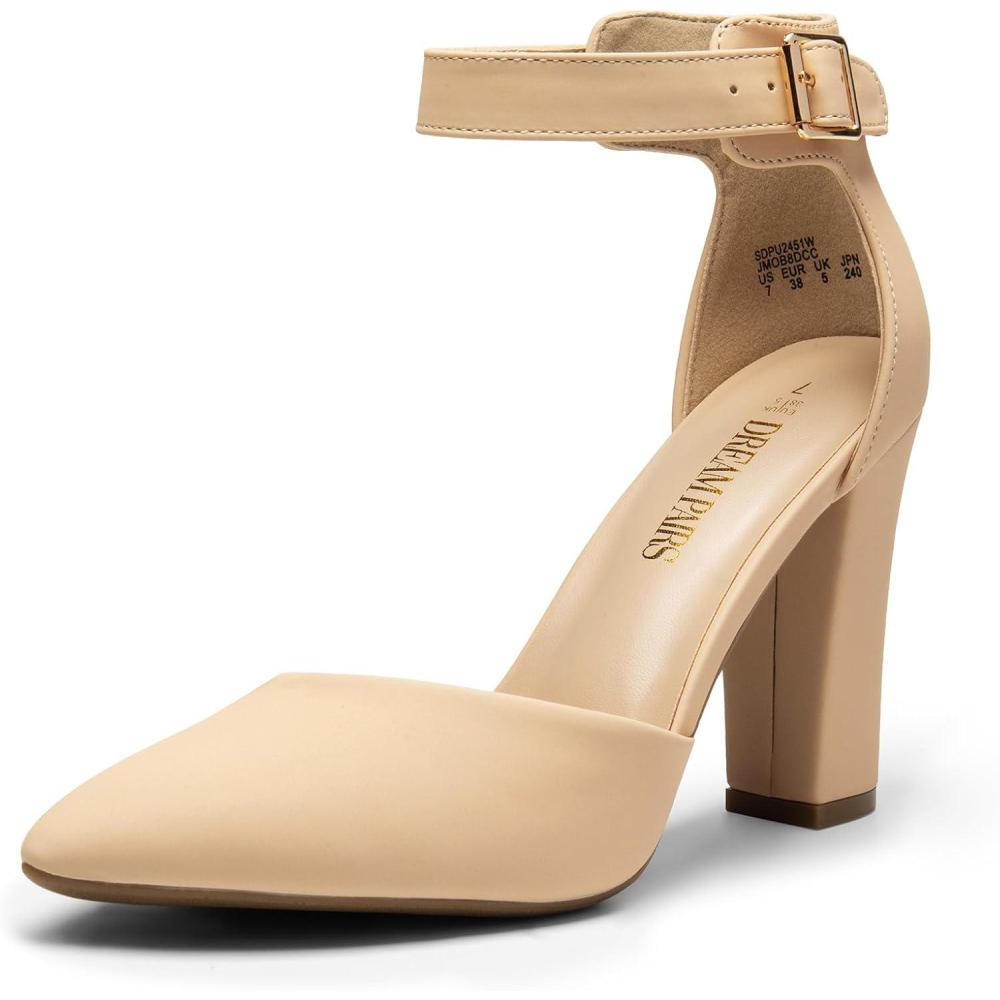 imageDREAM PAIRS Womens Chunky High Heels Dress Pumps Closed Pointed Toe Block Ankle Strap Shoes for Wedding PartyNudenubuck