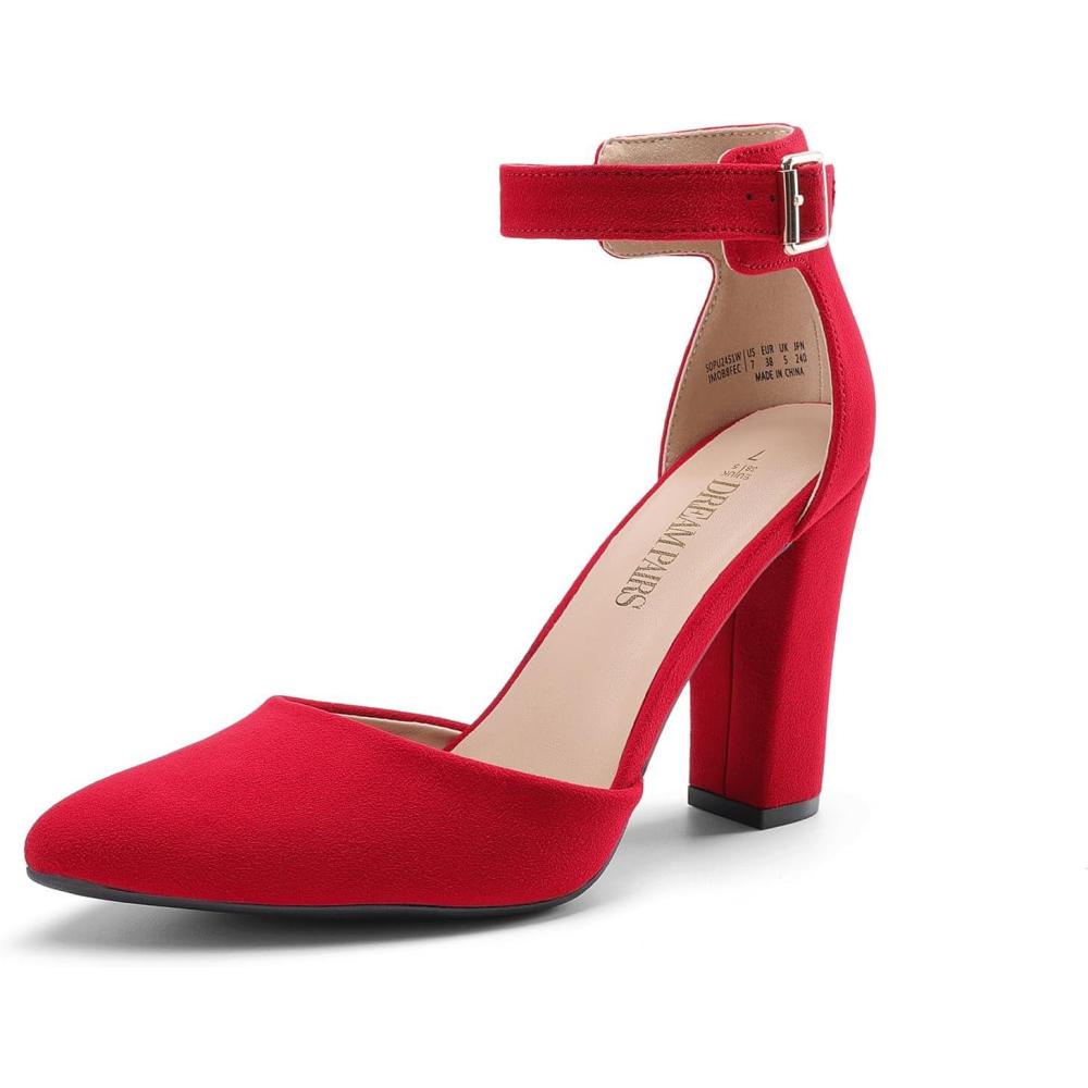imageDREAM PAIRS Womens Chunky High Heels Dress Pumps Closed Pointed Toe Block Ankle Strap Shoes for Wedding PartyRed