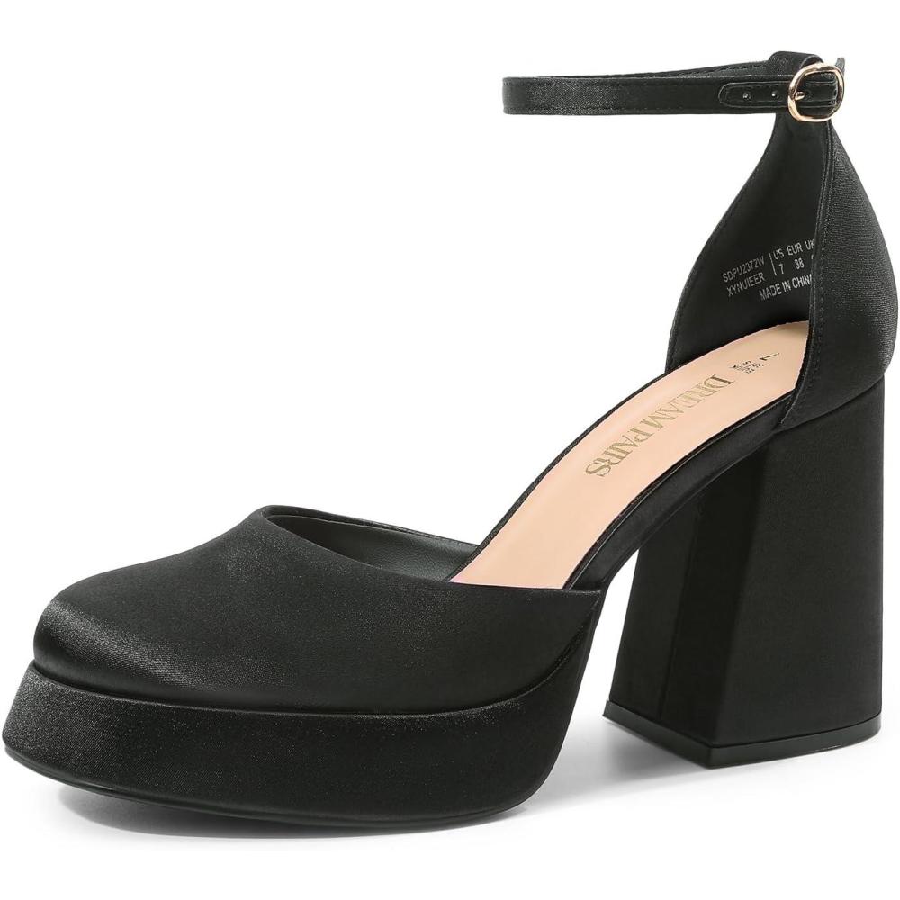 imageDREAM PAIRS Womens Chunky Platform High Heels Closed Toe Block Ankle Strap Dress Wedding Party Pumps ShoesBlacksatin