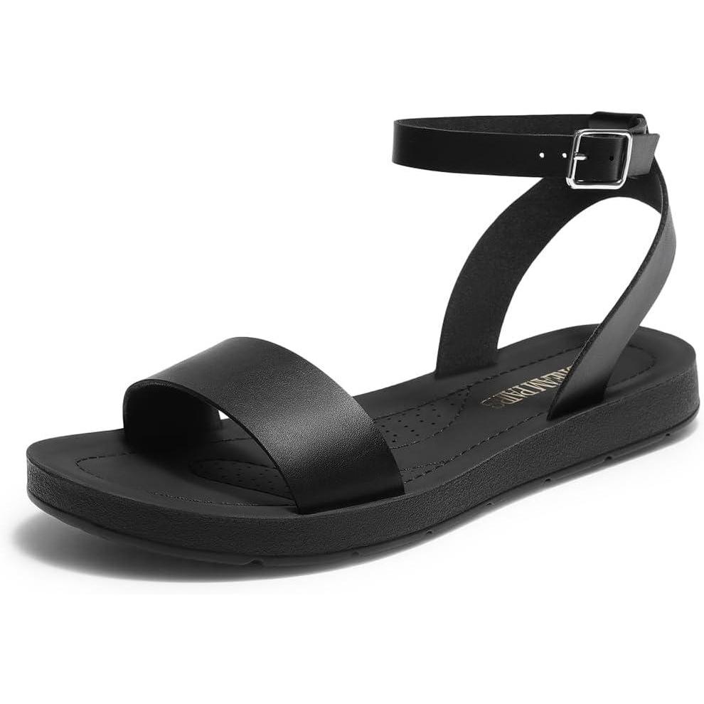 imageDREAM PAIRS Womens One Band Ankle Strap Buckle Flat SandalsAll Blackpu