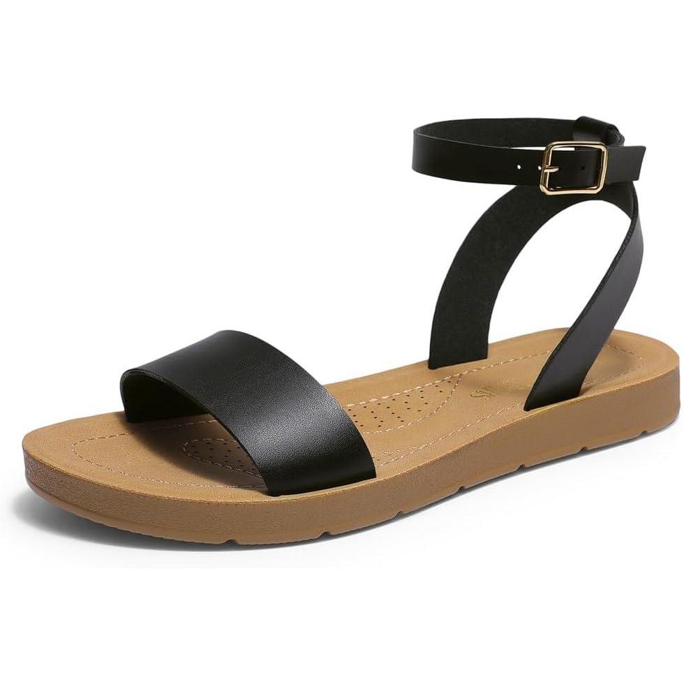 imageDREAM PAIRS Womens One Band Ankle Strap Buckle Flat SandalsBlackPu