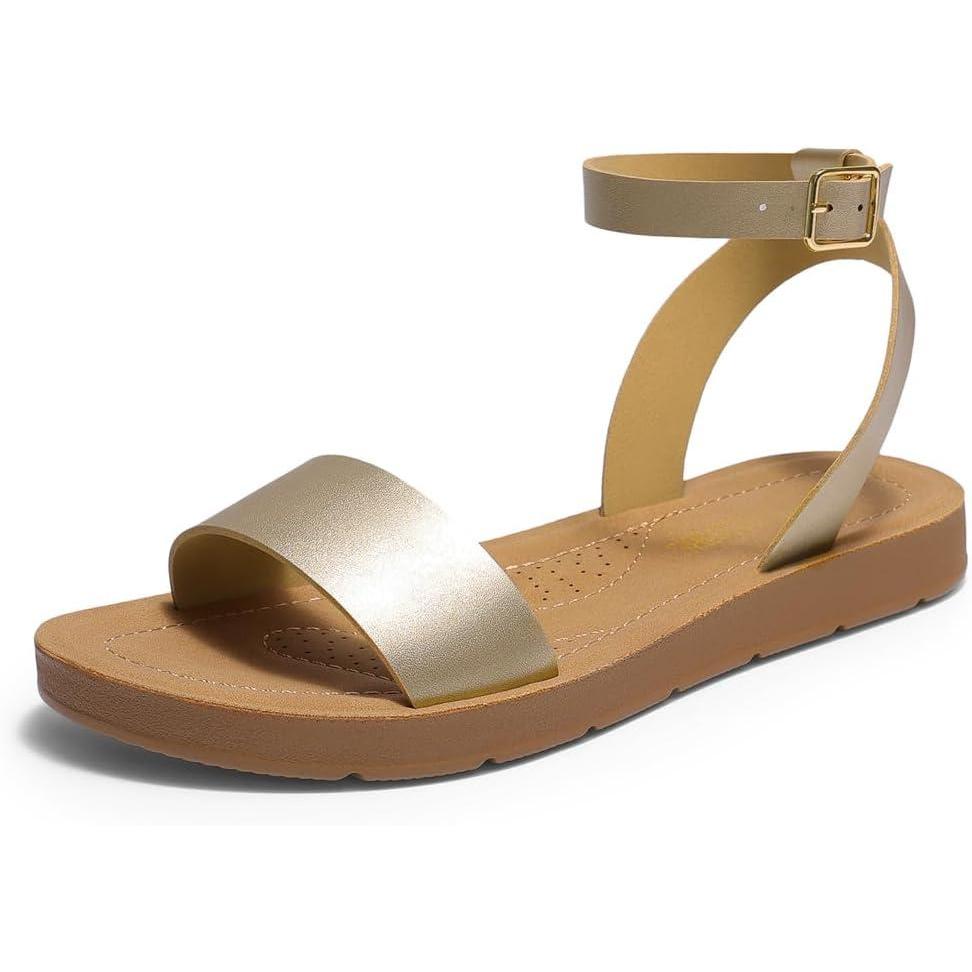 imageDREAM PAIRS Womens One Band Ankle Strap Buckle Flat SandalsGoldPu