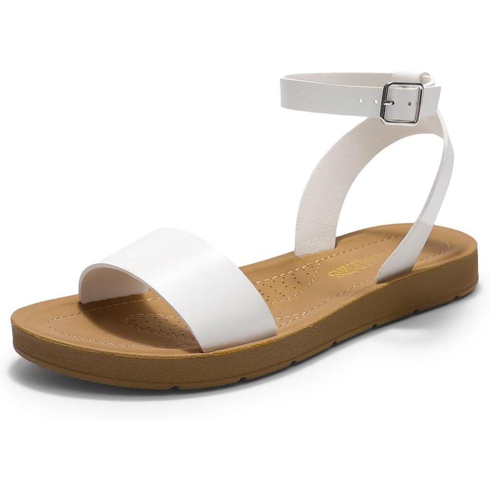 imageDREAM PAIRS Womens One Band Ankle Strap Buckle Flat SandalsWhitePu